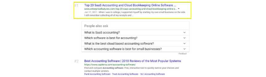 An example of search results for an SaaS keyword