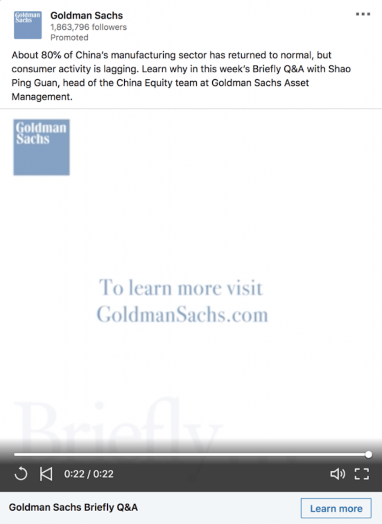 Sponsored social media advertisement for Goldman Sachs