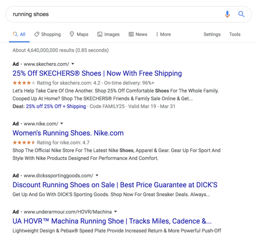 Google ads for Skechers' running shoes