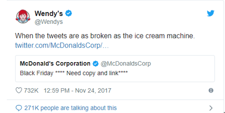 Wendy's tweet making fun of McDonald's ice cream machines always being broken.