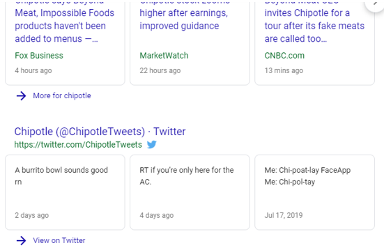 A screenshot showing Chipotle Twitter results.