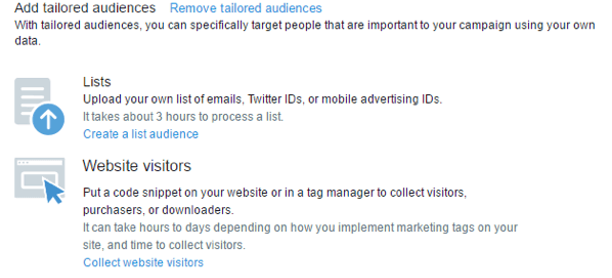 A screengrab showing how to add tailored audiences.