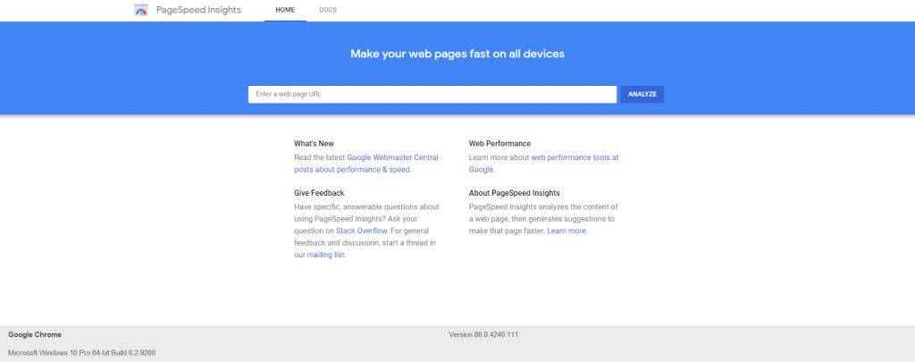 Homepage of Google PageSpeed Insights with a blue/white color scheme